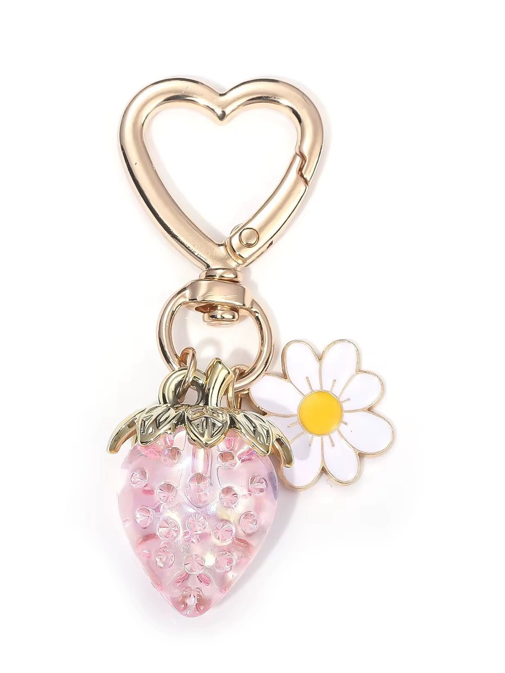 Gold Heart Keychain with Pink Strawberry & White Daisy Charm